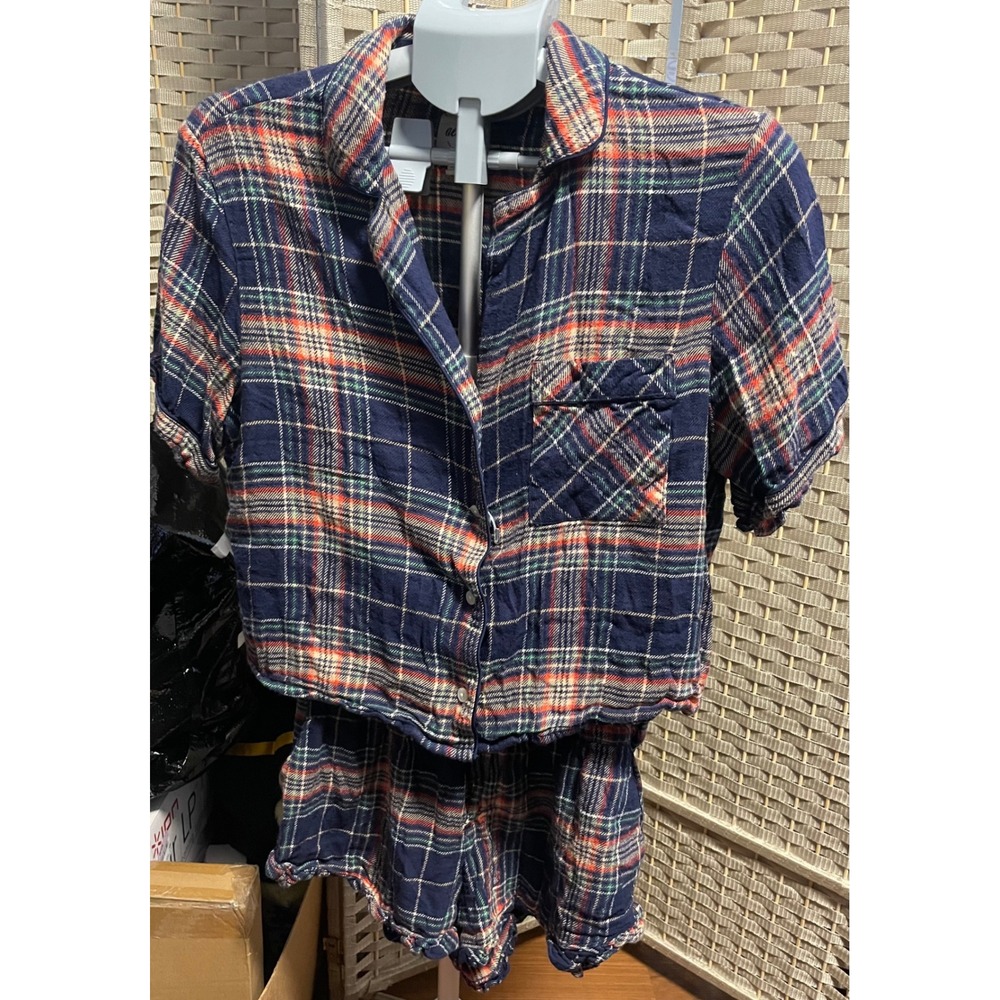 Aerie Womens Blue Plaid Pajama Set Short Sleeve Button Down Ruffle Shorts Size M